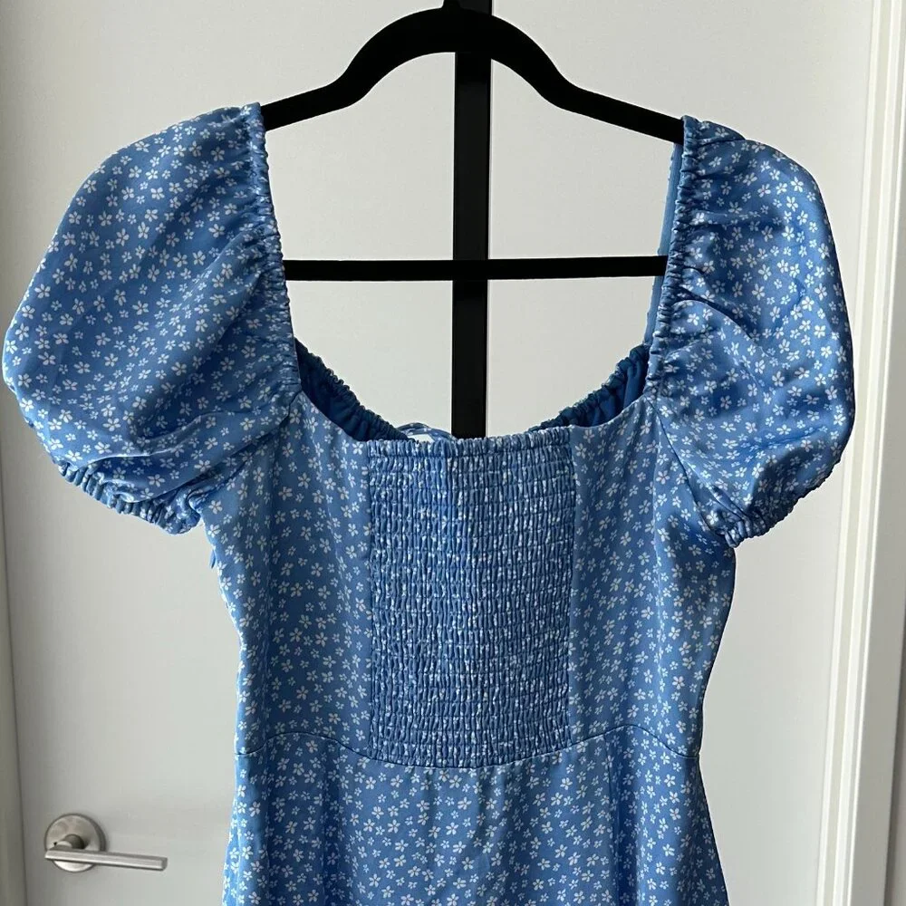 NA-KD Light Blue Floral Puff Sleeve Ruched Midi Dress Side Slit 6 S